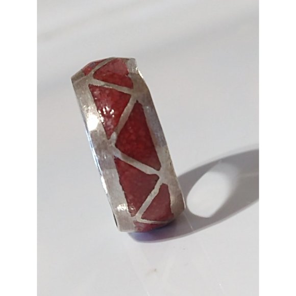 Sterling Silver Red Coral Chip Inlay Native American Western Ring Size: 3 Or 5 - Picture 7 of 11